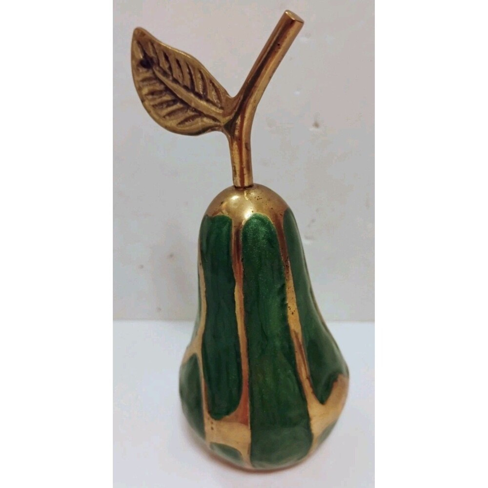 Vintage Mid Century Brass Green Enamel Pear Figurine Paperweight 5" MCM